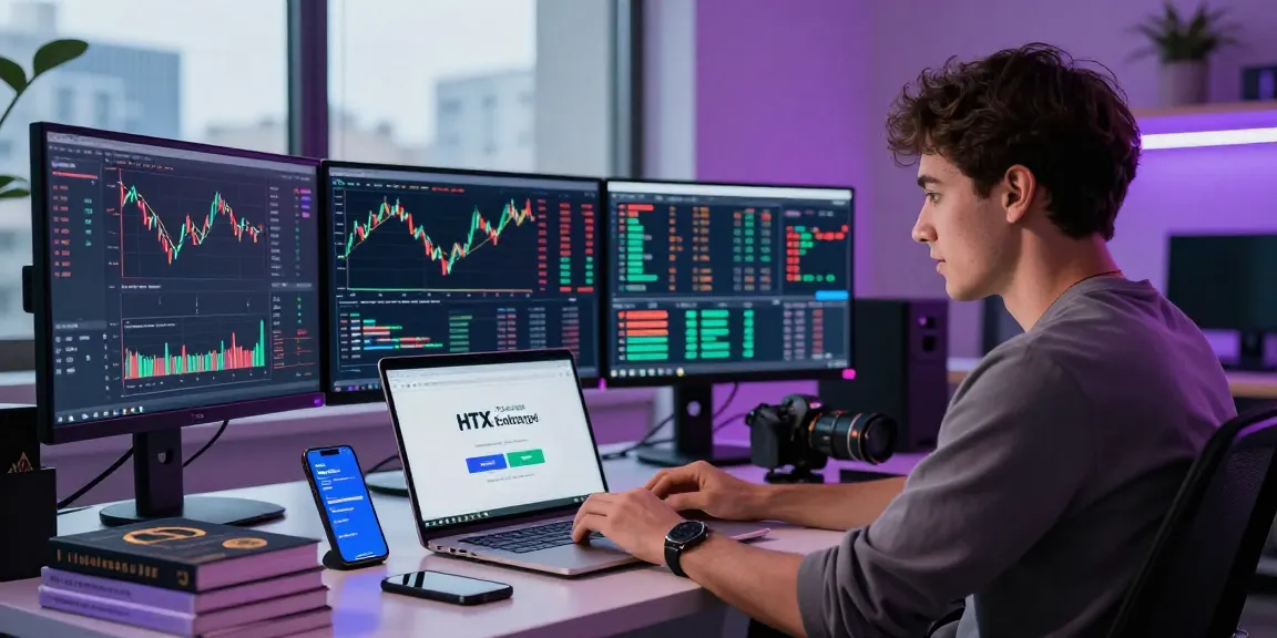 Entering HTX Exchange Referral Code at a modern workspace with digital charts in 2026