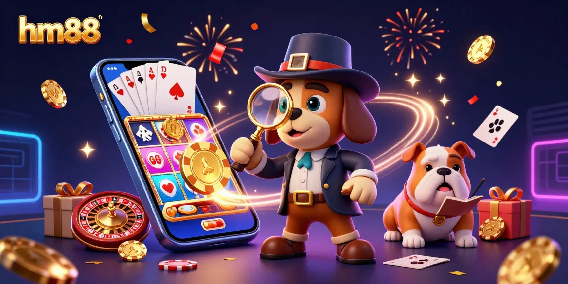 Play engaging casino games with hm88 as the detective discovers poker clues and treasures in a vibrant illustration.