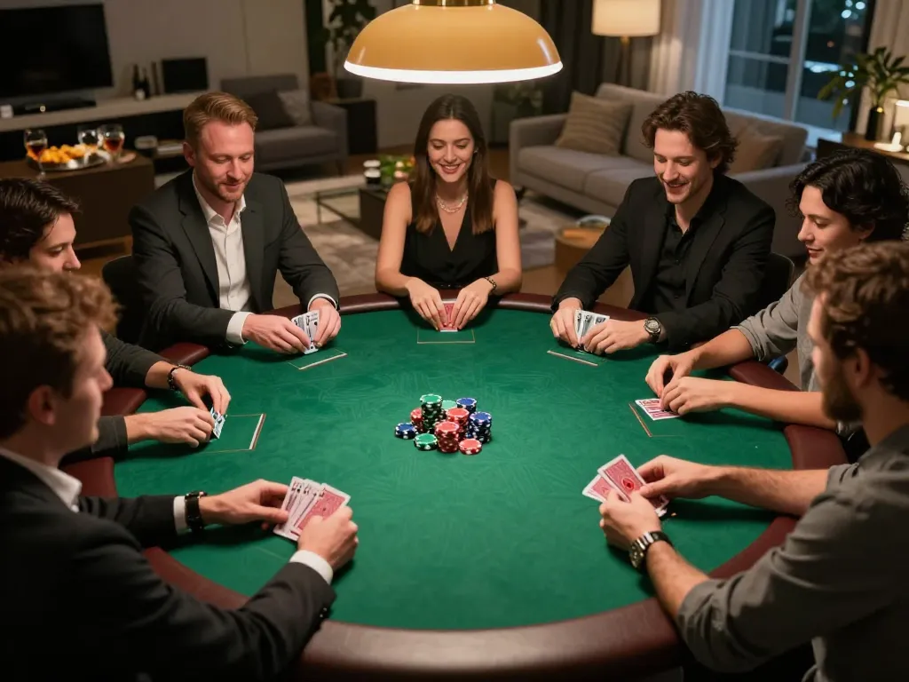 U888 players engaging in a friendly poker game at home, showcasing strategy and fun atmosphere.
