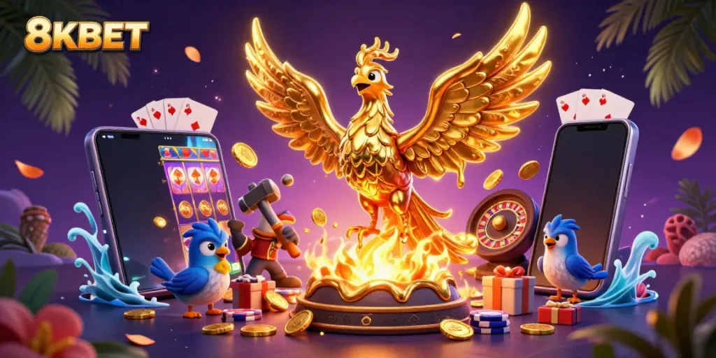 Engage in thrilling gameplay at 8KBET with golden phoenix, slot games, and vibrant casino elements.