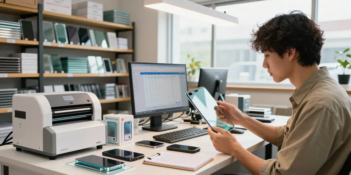 Mobile Tempered Glass Wholesale: Entrepreneur in a bright warehouse inspecting screen protectors with organized inventory.