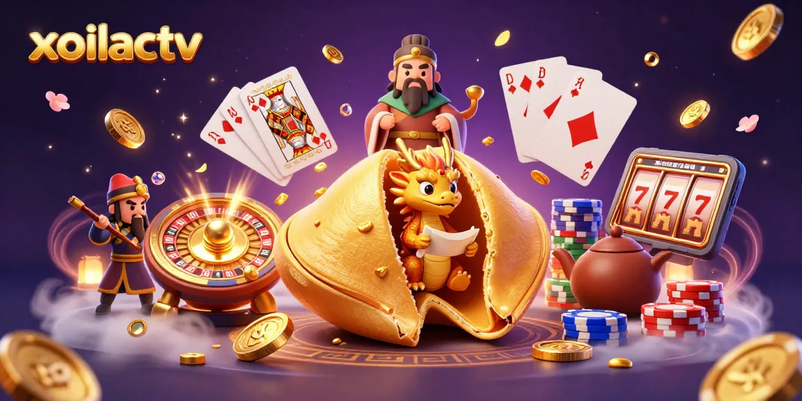 Xoilactv showcases a vibrant, engaging casino illustration featuring a golden fortune cookie with a dragon and dynamic gaming elements.