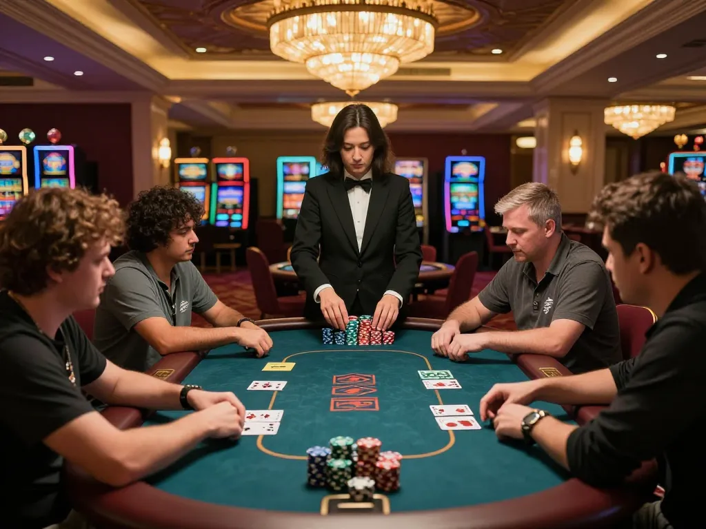 Players engaged in intense DA88 poker game, vibrant casino atmosphere with professional dealer managing the game