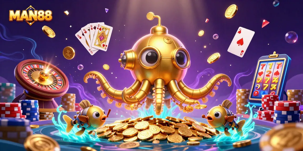 Engage with MAN88's exciting gaming experiences featuring a golden kraken and dazzling casino elements.