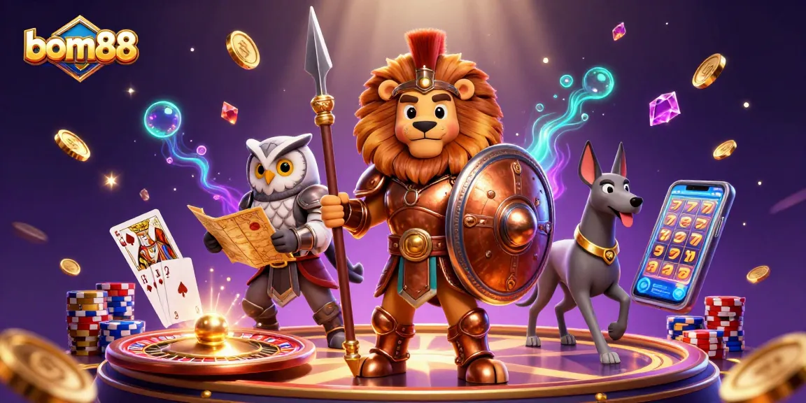 Spin the reels at bom88 and win big with vibrant casino-themed 3D illustration featuring captivating characters and elements