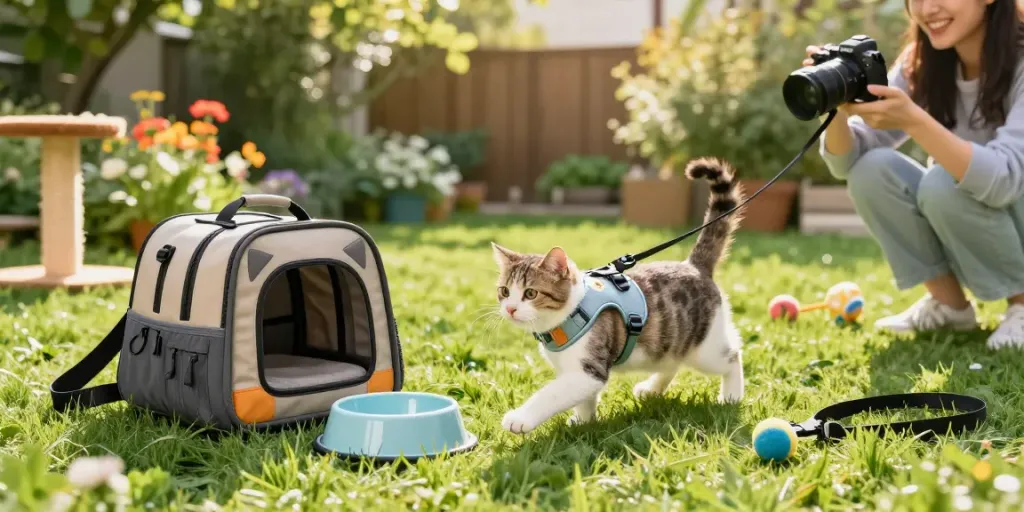 Cat gear harnessed feline exploring outdoor adventure accessories in a sunny backyard.