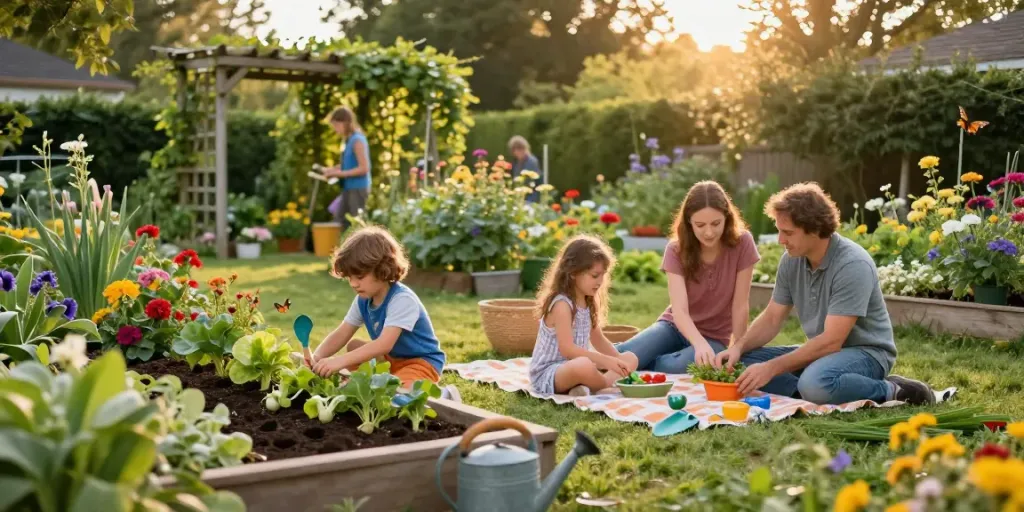 Family working together in a vibrant garden, planting flowers and enjoying nature during golden hour.