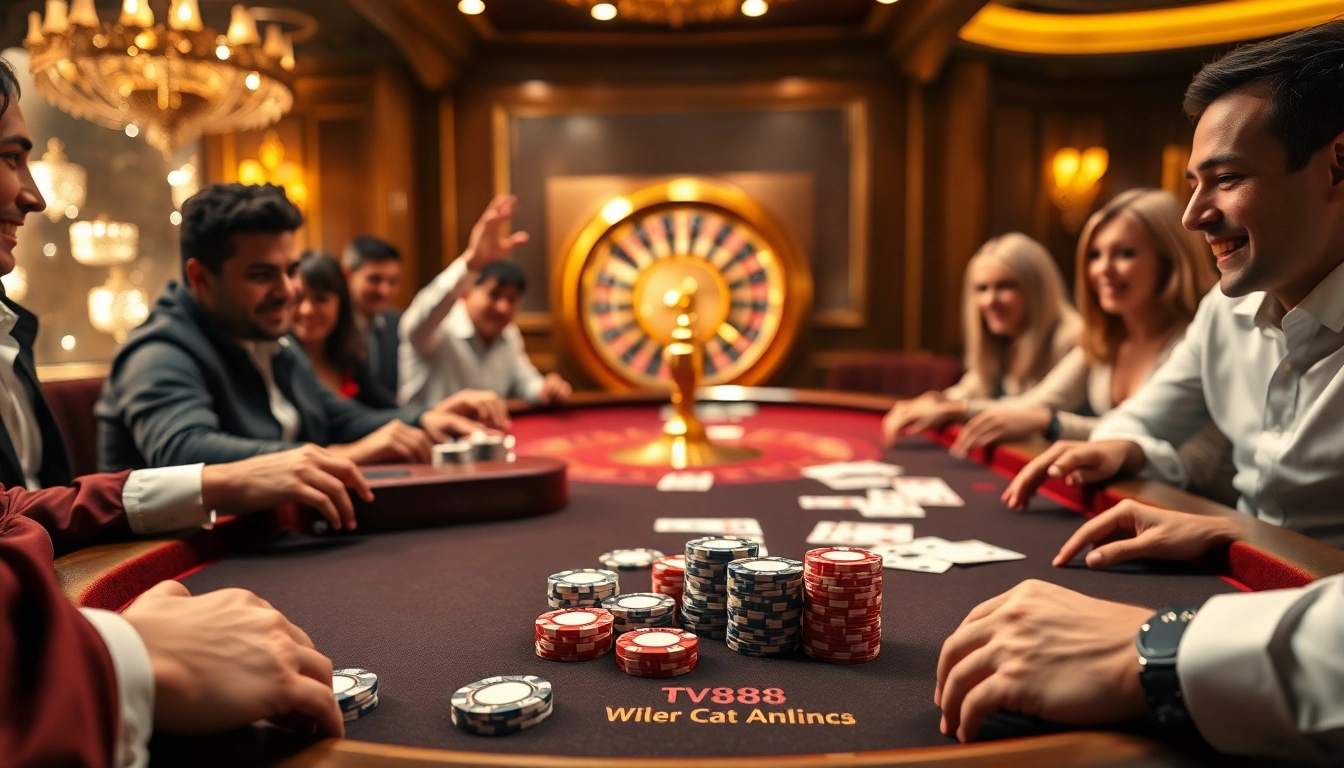 Engaged players at a luxury TV88 poker table with chips, cards, and a roulette wheel.