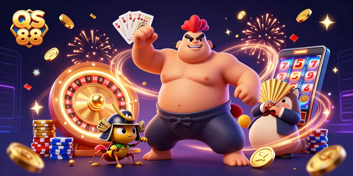 Engage in exciting games at QS 88 with vibrant illustration showcasing casino elements and dynamic characters.
