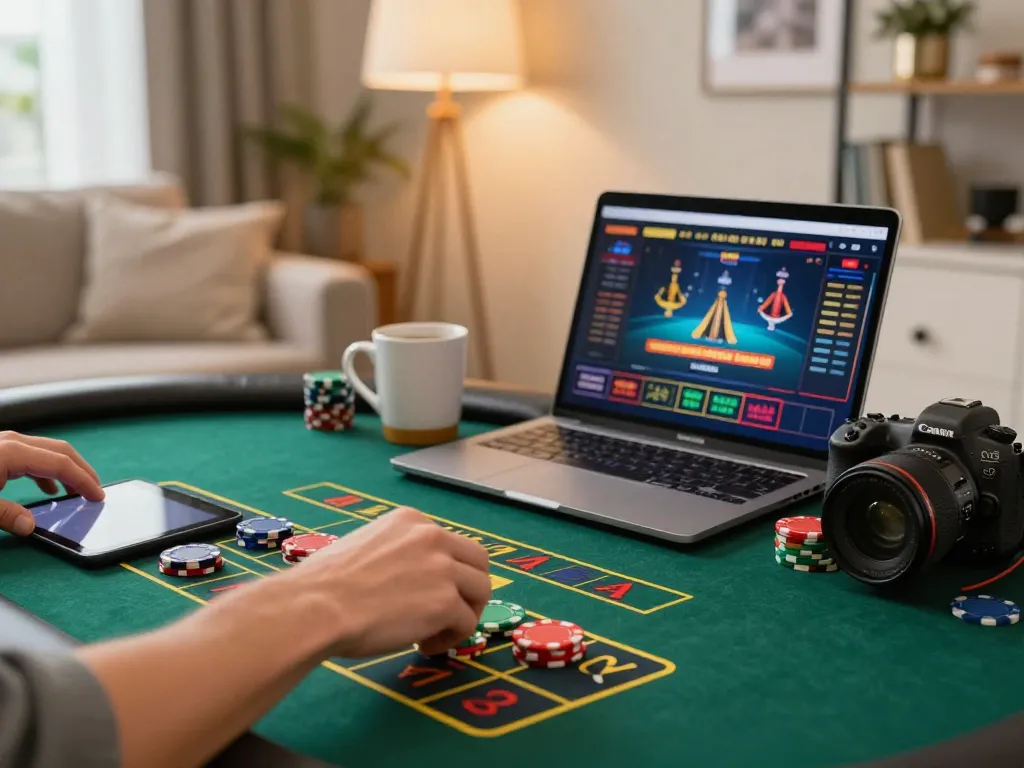 Engaged player using LODE88 app for online roulette in cozy home setting, showcasing strategic betting.