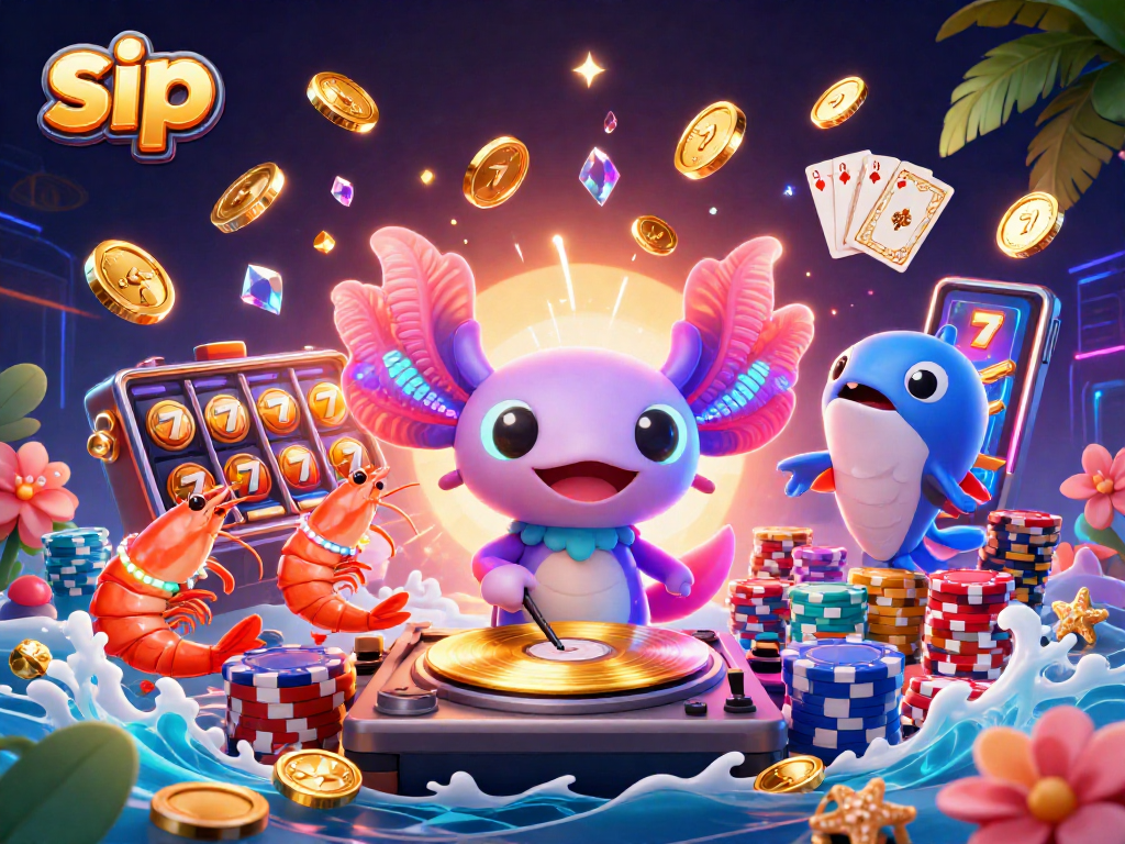 Sip casino excitement with an axolotl DJ spinning slot reels and vibrant characters.
