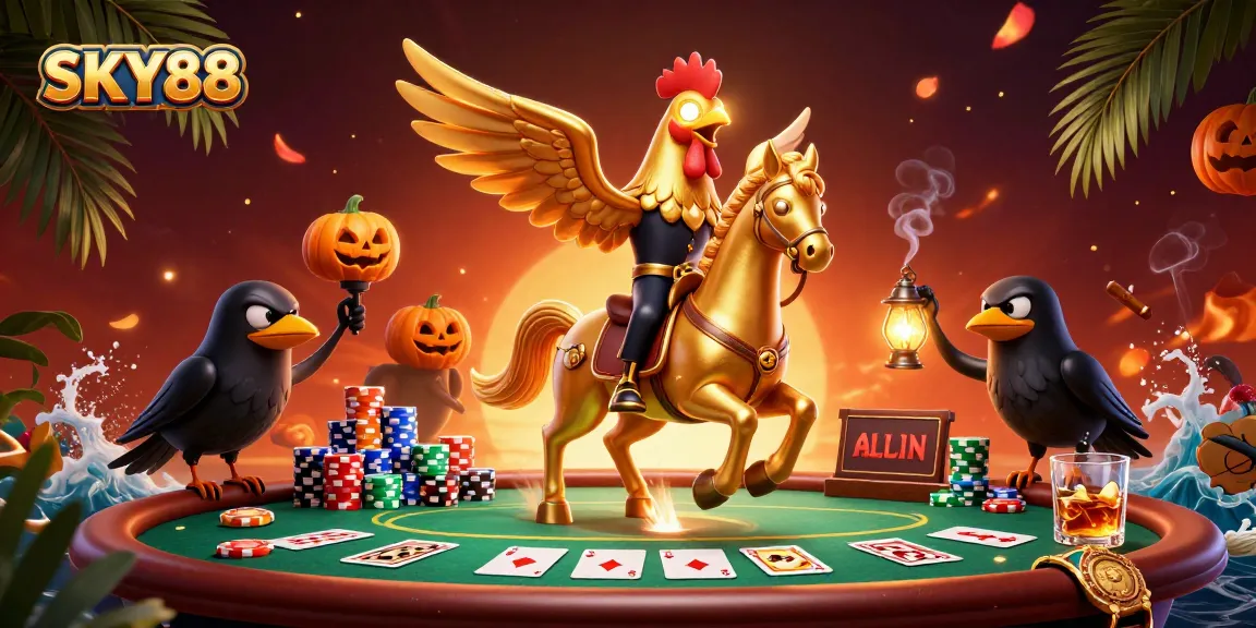 Join the action at SKY88 as golden rooster and spectral horse illuminate a vibrant casino scene.