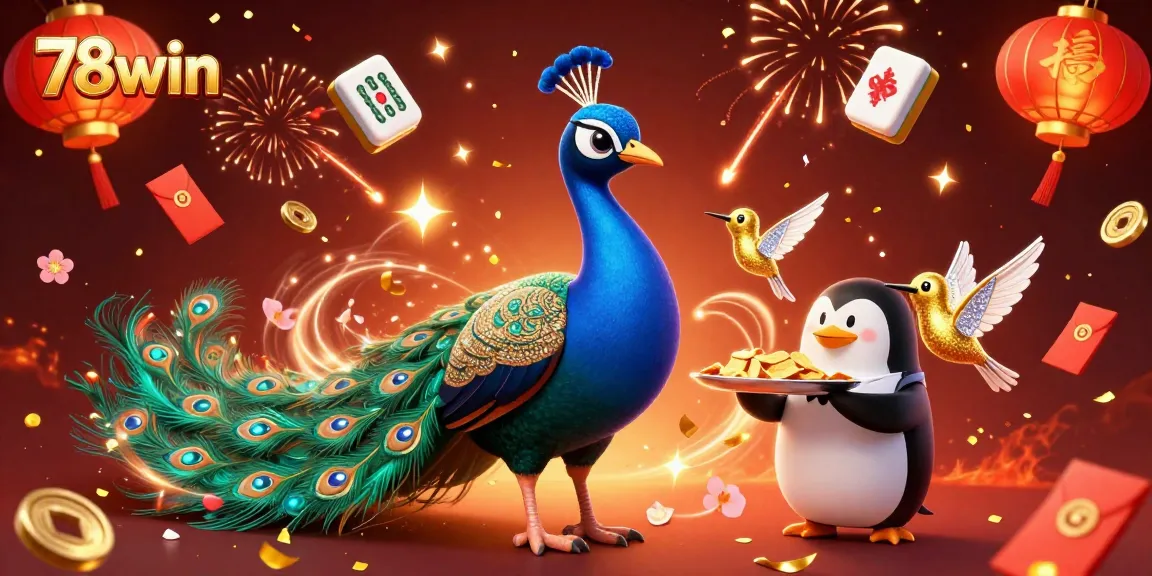 Experience thrilling gaming actions with 78win as a peacock and friends celebrate amidst vibrant casino elements.