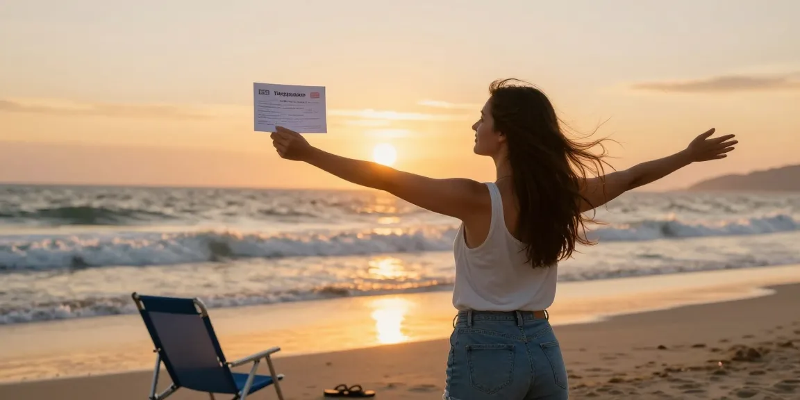 Individual celebrating freedom to cancel my timeshare at sunset on a beach.