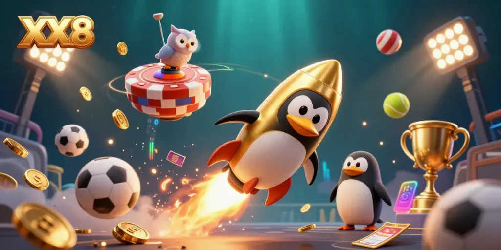 Engage in thrilling casino action with the dazzling XX8 graphics featuring a golden penguin on a winning streak.