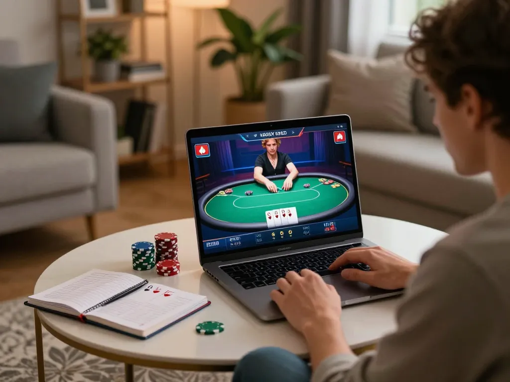 Engaged player at 79king online poker table, focusing on strategy notes and chips.
