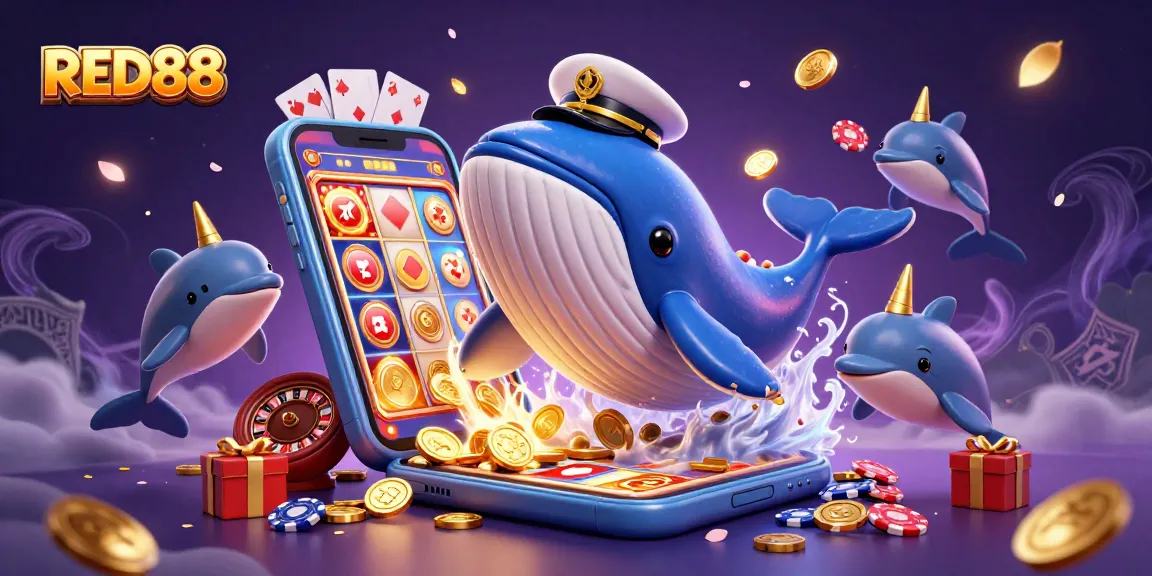Experience thrilling gameplay at RED88 with a vibrant 3D scene showcasing casino fun including coins and poker chips.