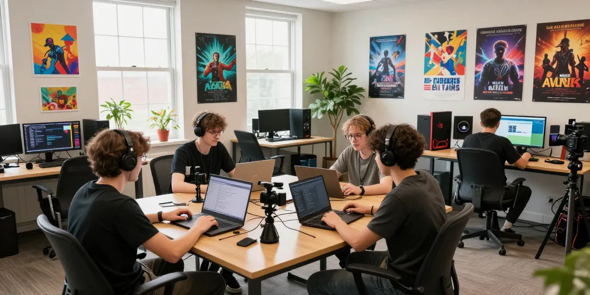 Streamer university environment with creators collaborating and streaming in a vibrant mansion setting.
