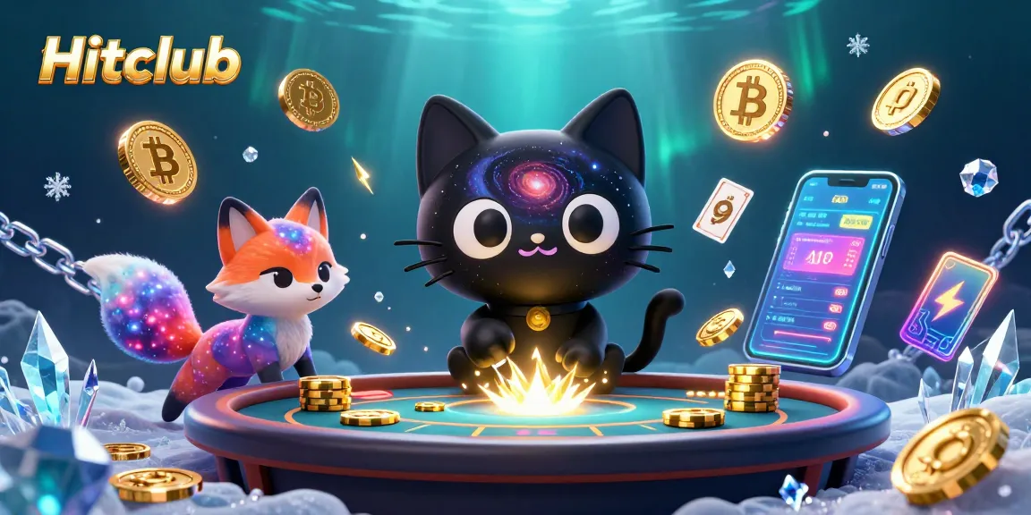 Witness the magic of Hitclub as the cosmic cat draws in golden chips and cards, surrounded by vibrant crypto elements.