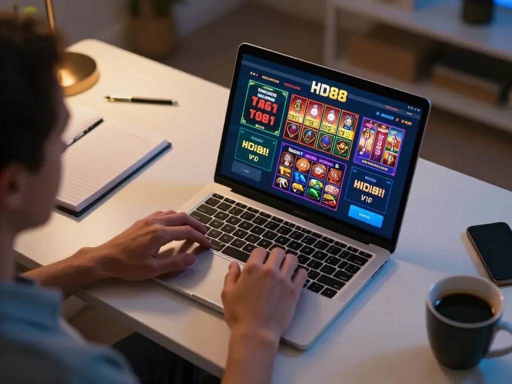 Engaging player strategizing on HD88 online casino interface with cozy home setup.