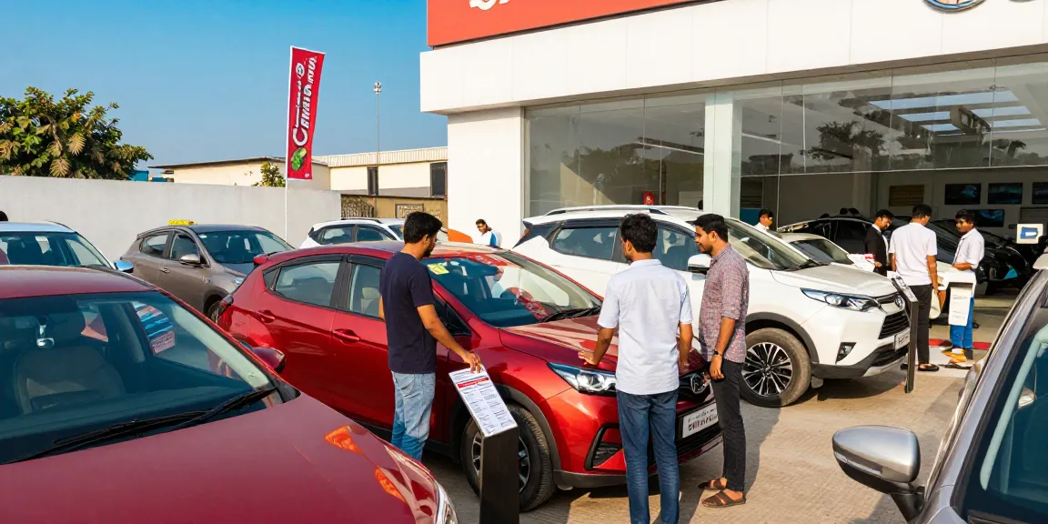 On Road Price in Ahmedabad displayed at a bustling car dealership with customers exploring options and vibrant vehicles.