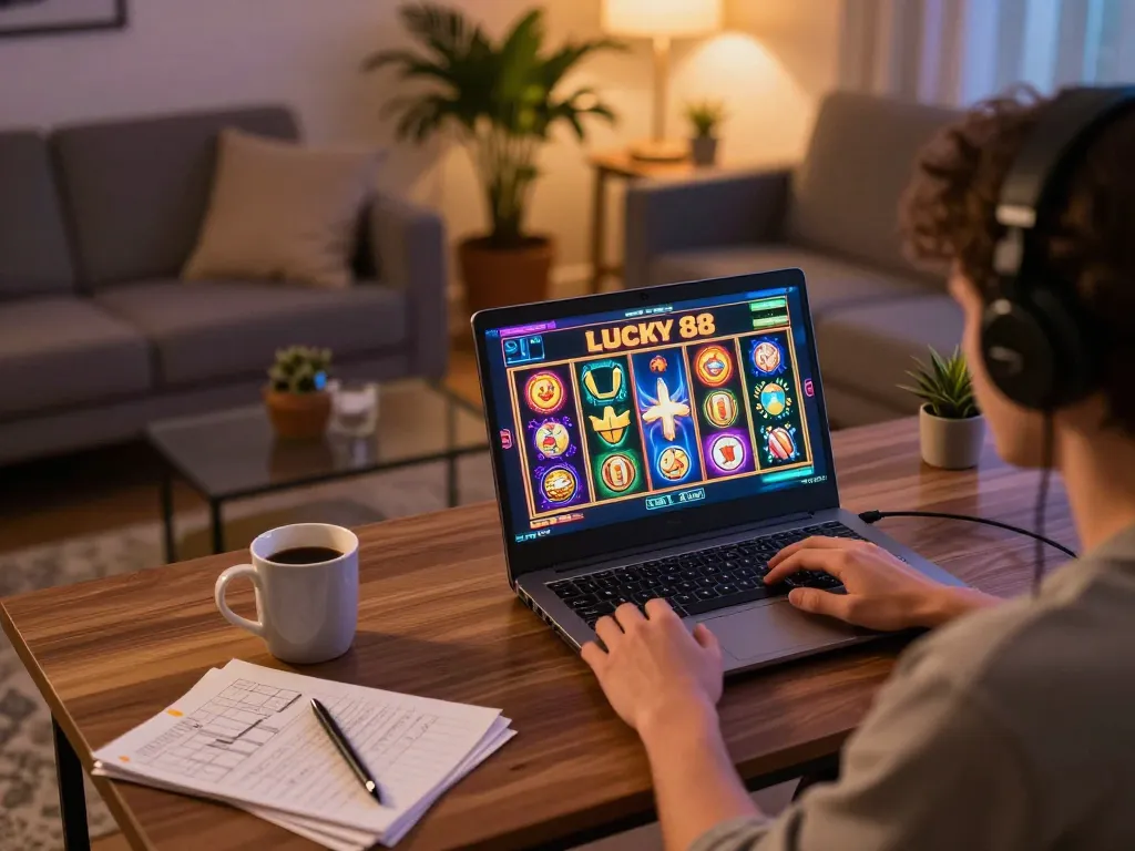 Player enjoying the lucky88 slot machine on a laptop in a cozy home gaming setup