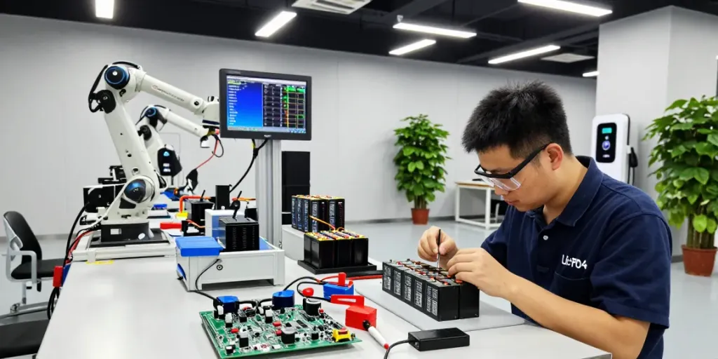 Technician assembling batterie lifepo4 packs in modern workshop