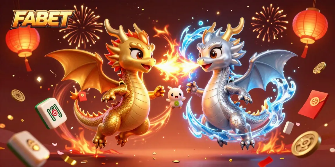 Engage in thrilling gambling action with FABET's dynamic game scene featuring dragons, confetti, and vibrant symbols.