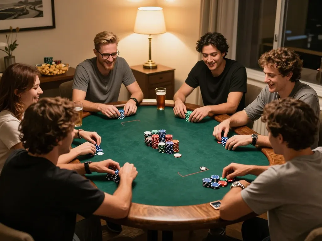 Friends enjoying a fun home poker game with DA88 strategy notes on the table.