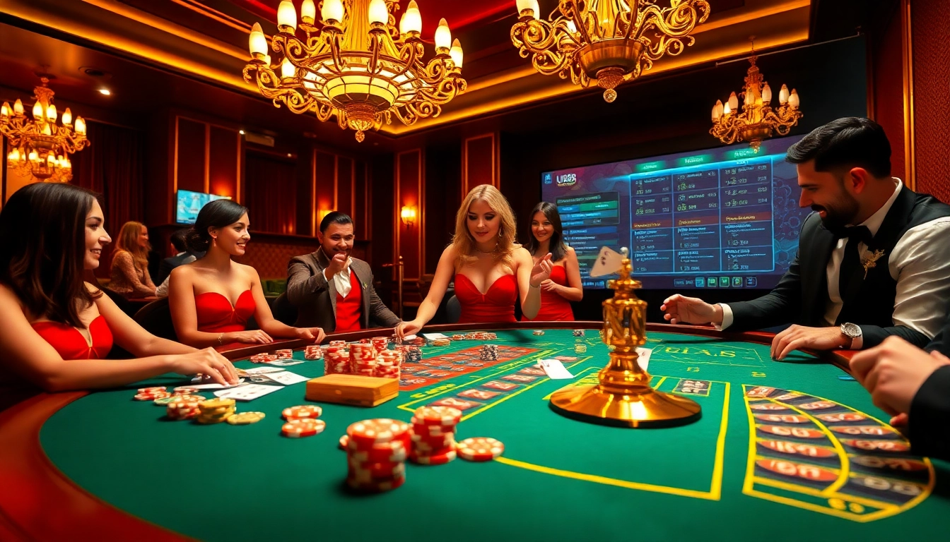 UK88 players enjoying luxurious casino games with a professional dealer and vibrant poker chips.