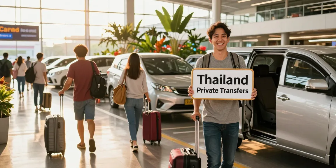 Thailand Private Transfers welcoming travelers at a Thai airport with smiling driver and modern vehicles.