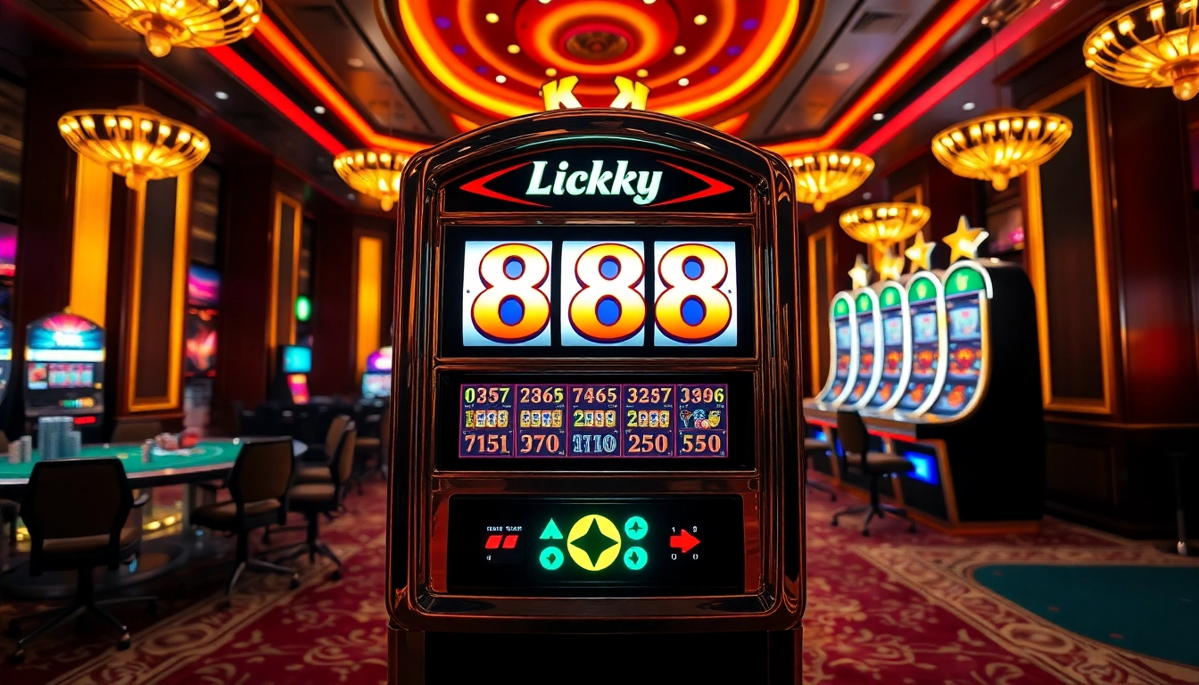 Engaging scene of players enjoying the Lucky88 slot machine in a luxurious casino.