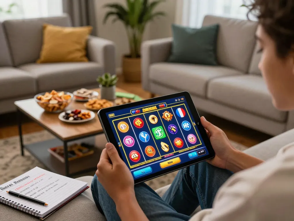 Player engaging in slot depo 10000 gaming at home while tracking strategies and limits.