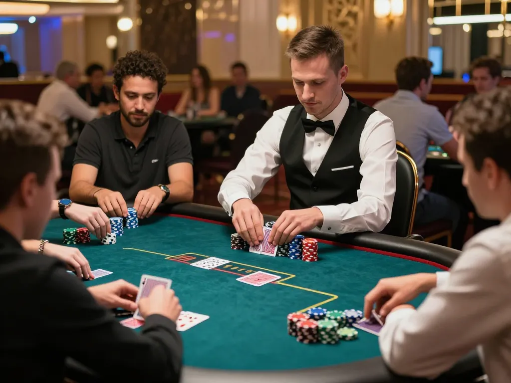 Players engaged in exciting poker gameplay at tg88com casino table, showcasing dynamic action and colorful chips