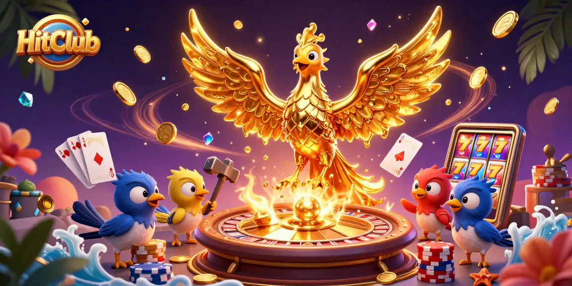 HitClub showcases golden phoenix amid cascading coins and royal flush cards at a vibrant casino scene.