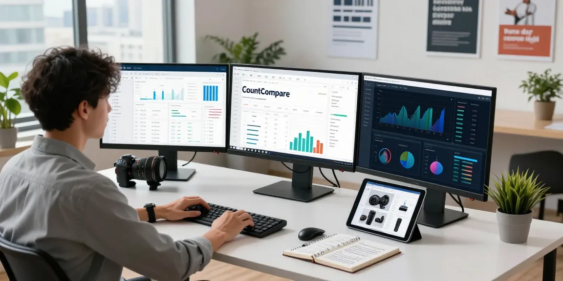 Data analyst using CountCompare in a modern e-commerce workspace with analytical screens and vibrant city views.