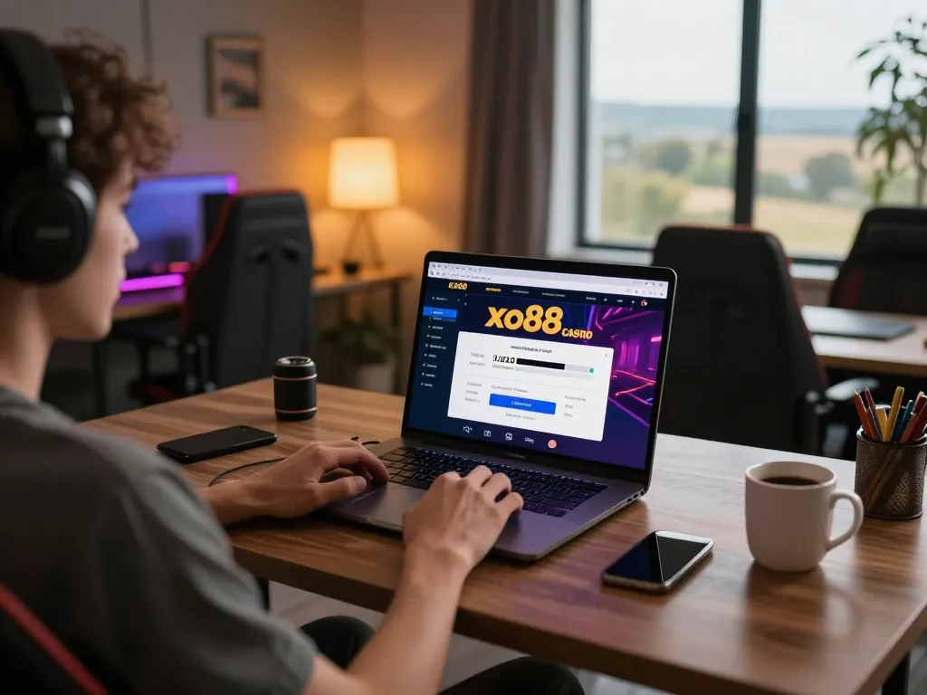 Engaging with the link xo88 online casino while enjoying a cozy home setup.