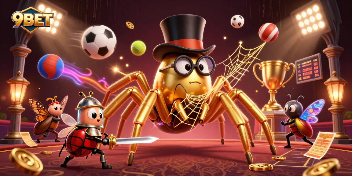 9BET launches thrilling gameplay with a golden tarantula, beetle knight, and vibrant sports elements.