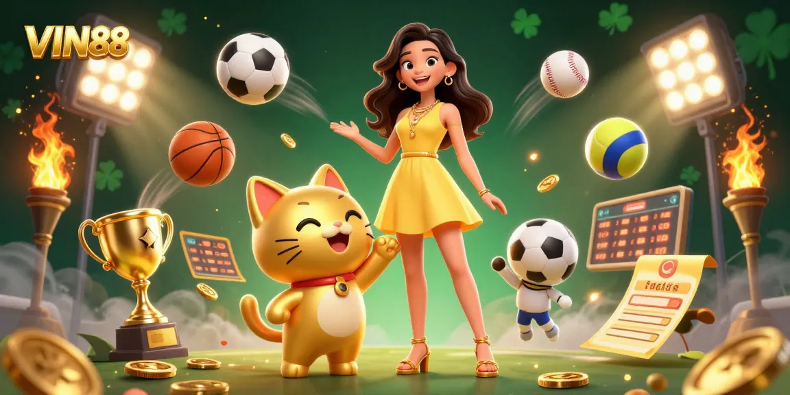 Win big with VIN88: A vibrant casino scene featuring a joyful Asian woman and a lucky cat amid dynamic sports elements.