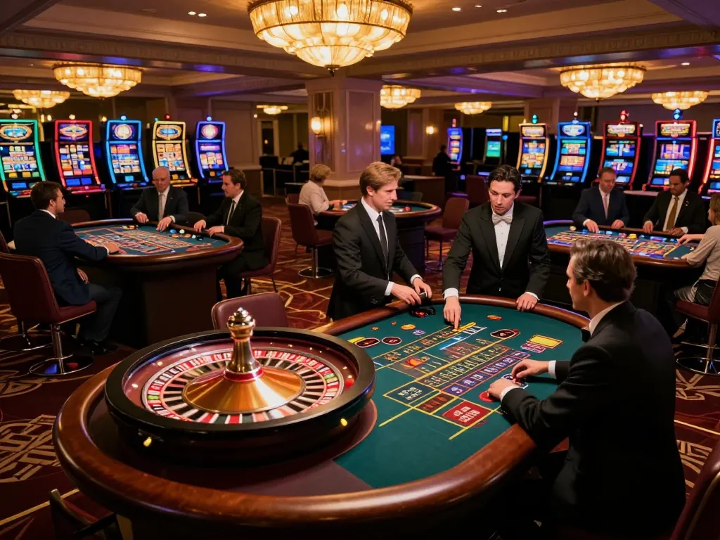 Engaged players enjoying the thrill of DIAMOND789 at a vibrant roulette table in a luxurious casino.