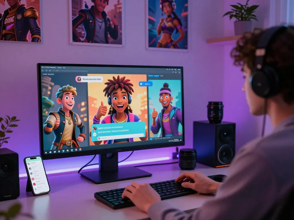 Engaging scene of a user interacting with crush on ai characters at a modern desk.
