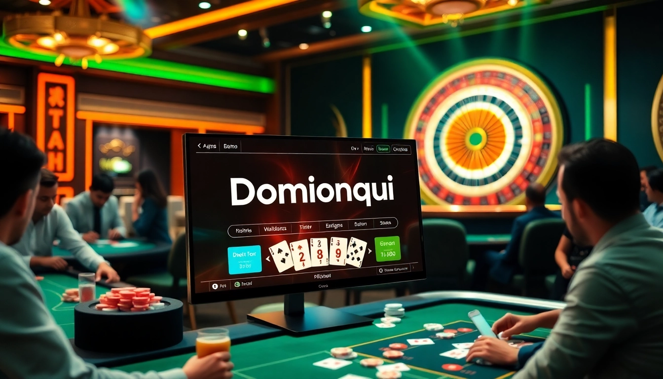Dominoqiu’s online gaming interface surrounded by poker chips and playing cards for an immersive experience.