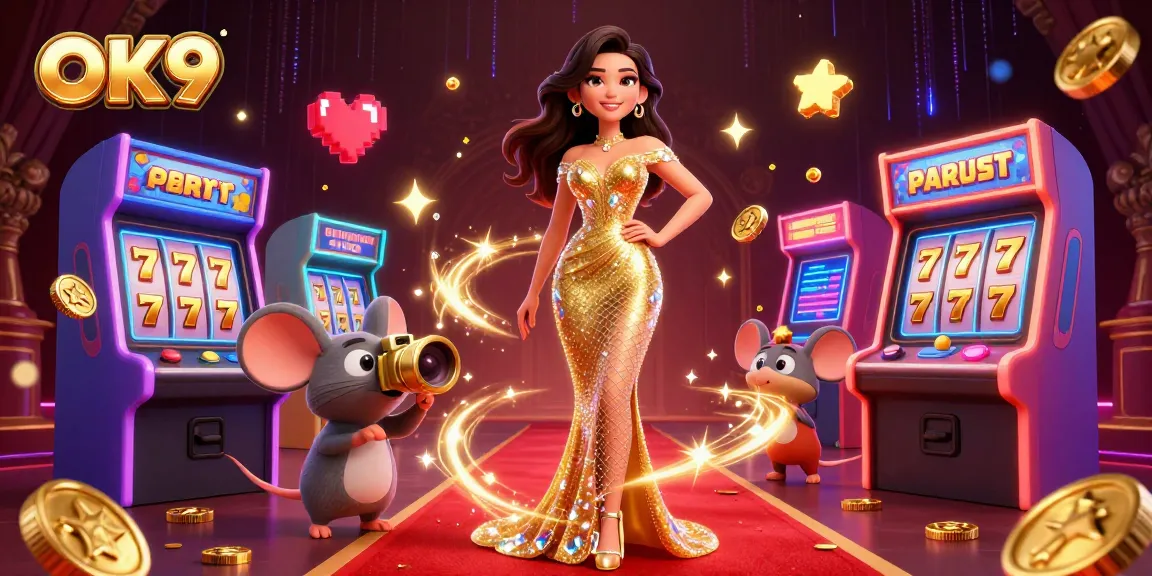 Engage with OK9's dynamic casino scene featuring a glamorous woman and vibrant slot elements.
