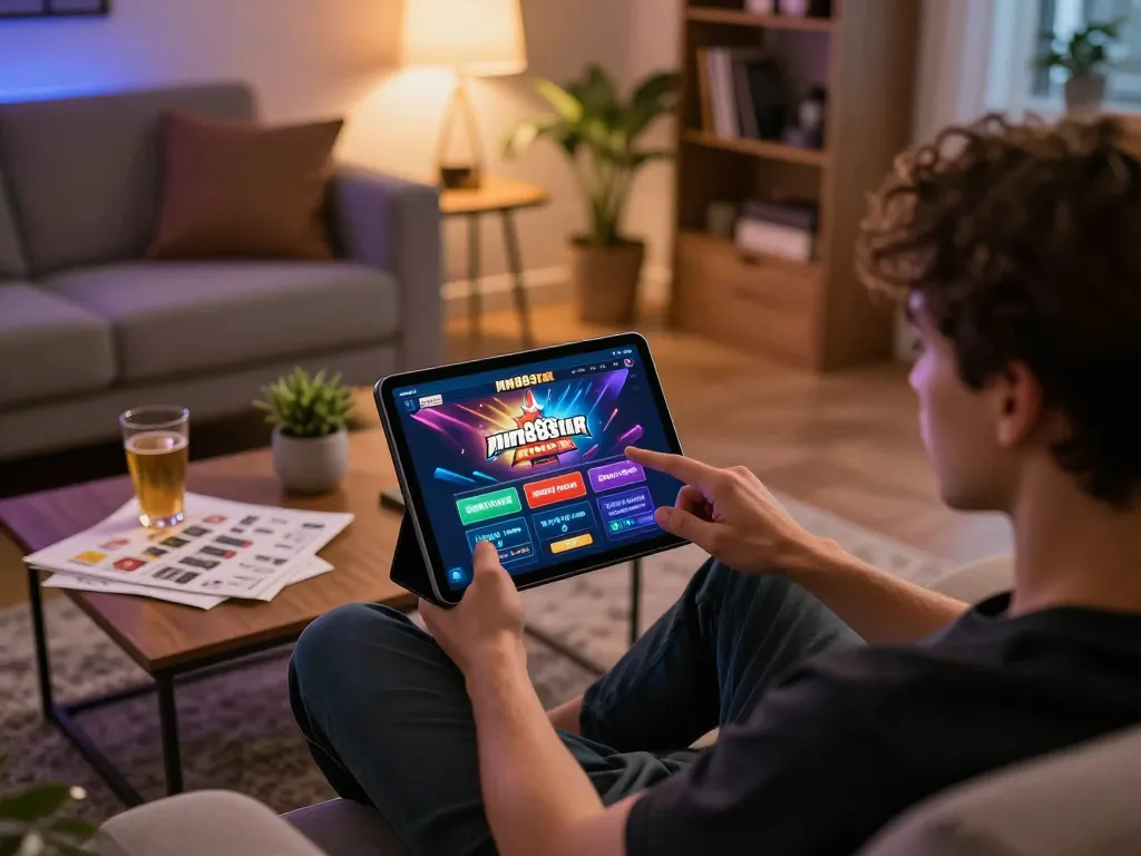 Playing at mm88star casino app on tablet, comfortable home gaming scene with strategy notes