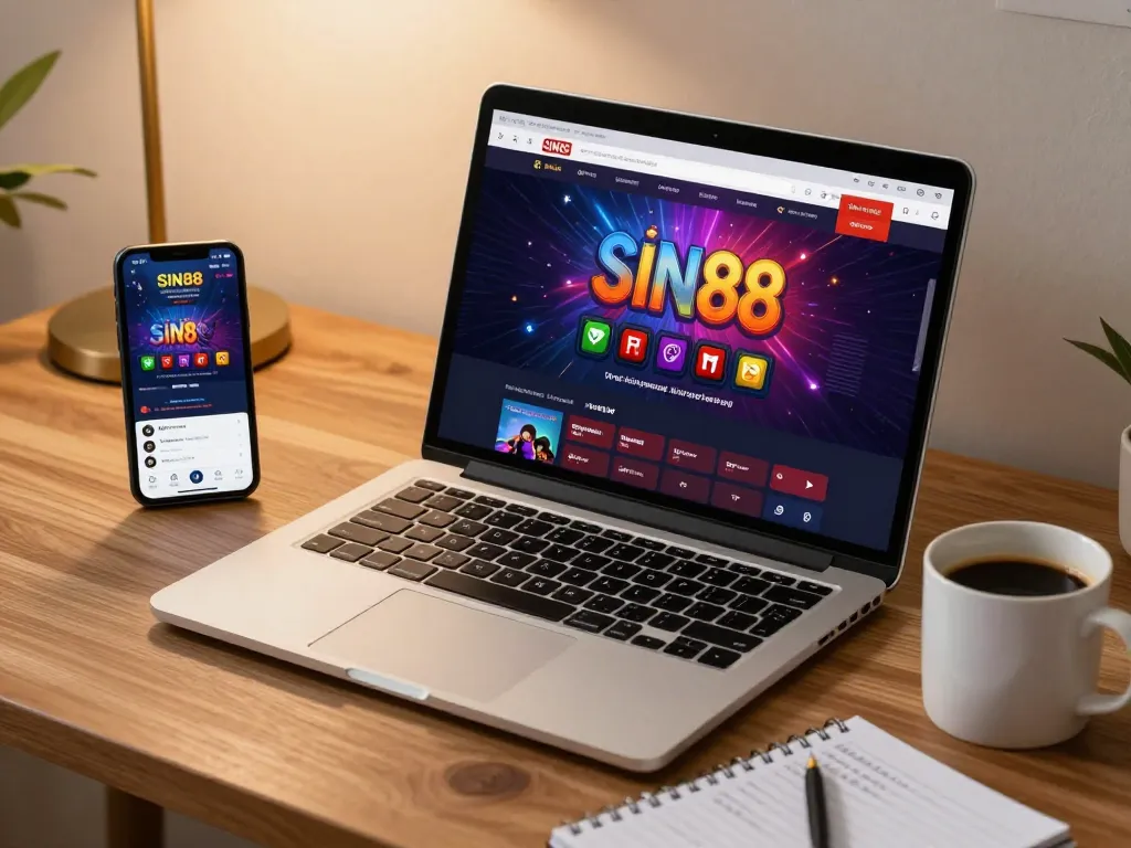 SIN88 online betting setup with laptop and smartphone showcasing casino games.