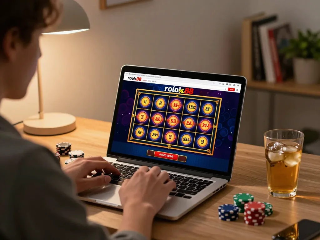 Engaging online gambling scene with rokok88 showcasing a player using a laptop at home, emphasizing strategy and comfort.