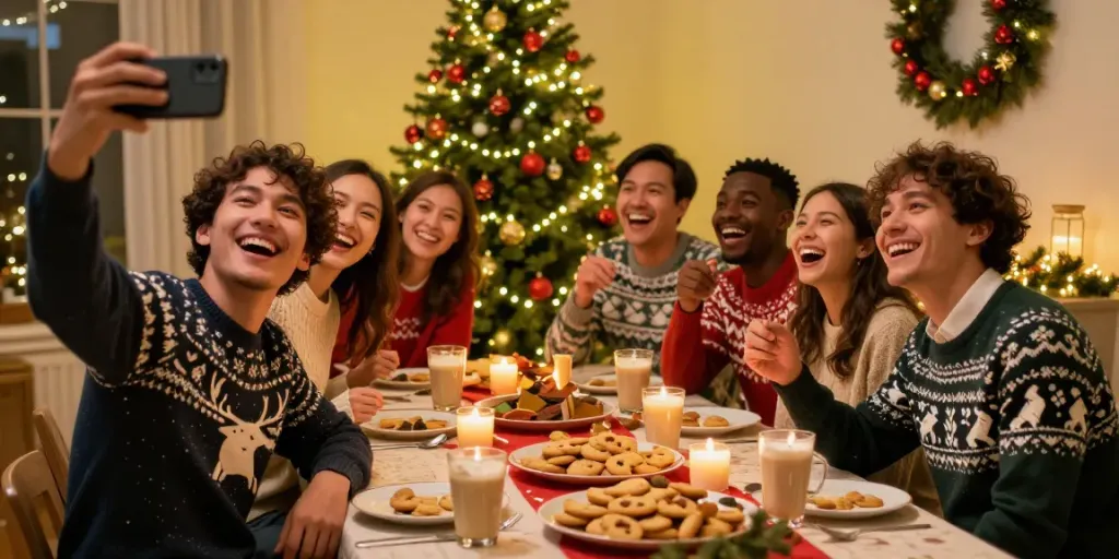 Cheerful friends enjoying engaging holiday posts on instagram at a cozy gathering with festive decor.