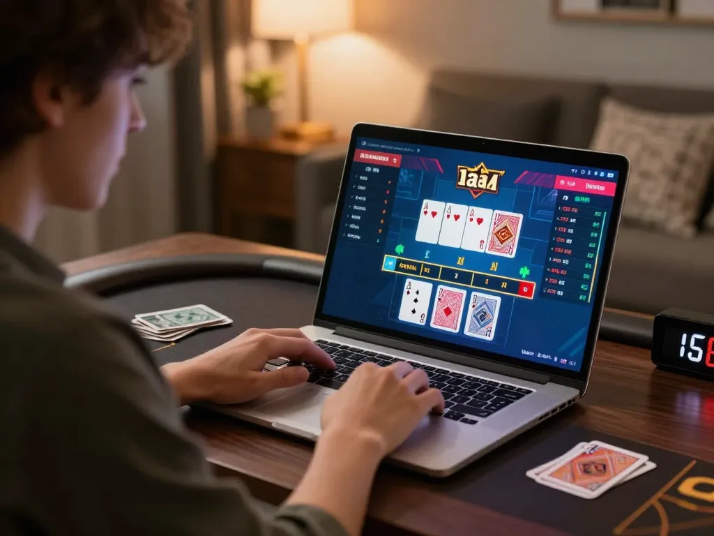 LC88 player engaged in Baccarat game at home desk, showcasing online gaming strategy and responsible play