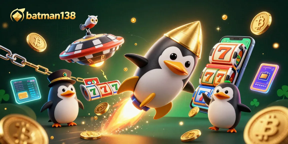 Play exciting games at batman138 while a golden penguin zooms past in a vibrant casino space scene.