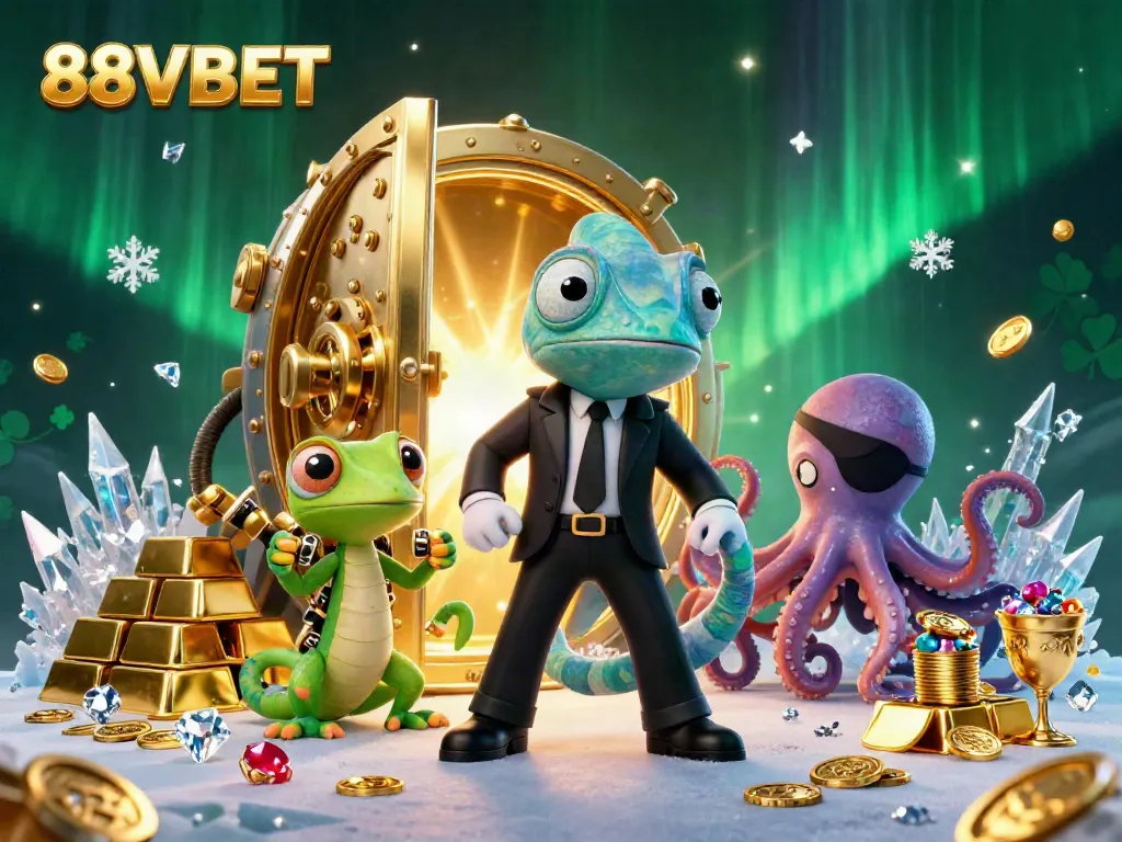 Experience the excitement of 88VBET with a colorful 3D illustration of a secret agent chameleon, tech gecko, and villainous octopus amidst treasures and casino glory.